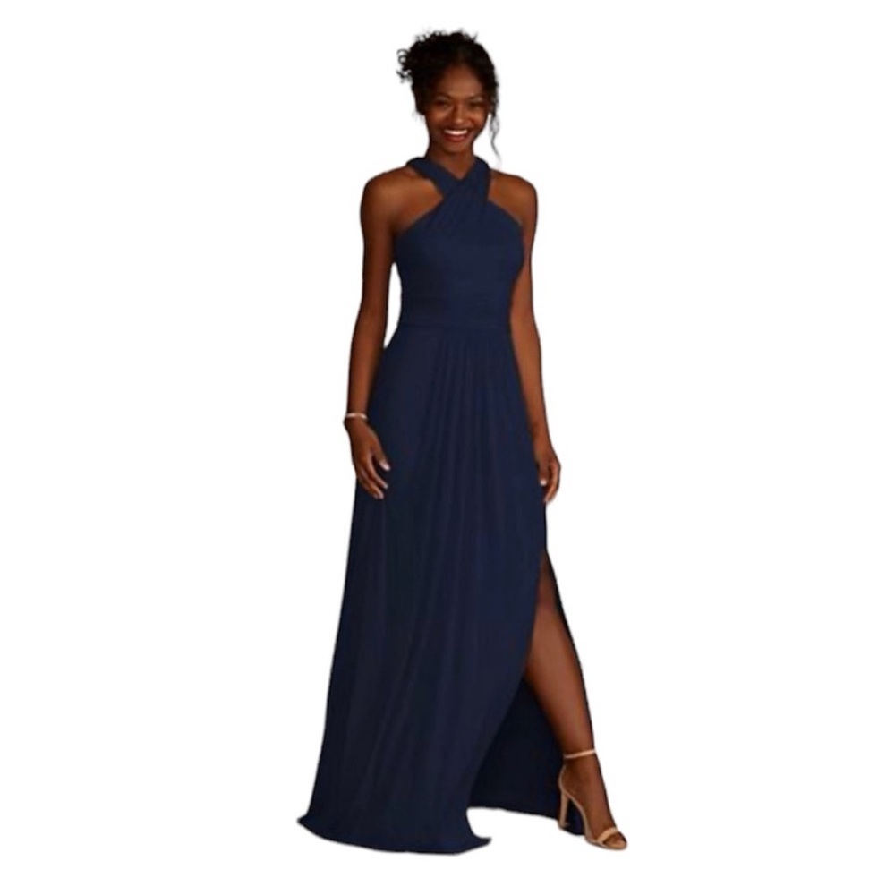 David’s Bridal crisscross high-neck mesh bridesmaid dress in navy